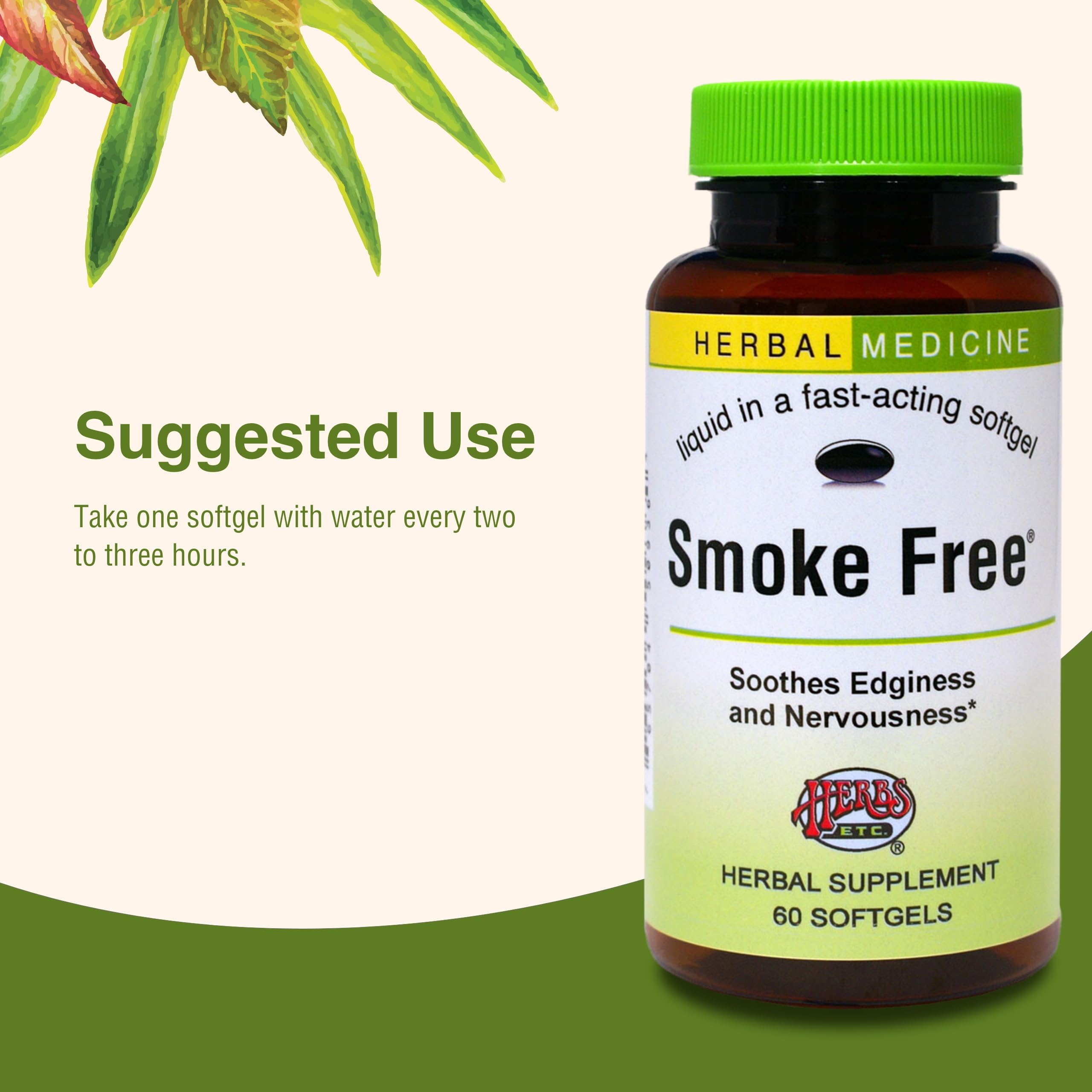 Herbs Etc. Smoke Free, etiqueta clara facilita la dosis y uso correcto.