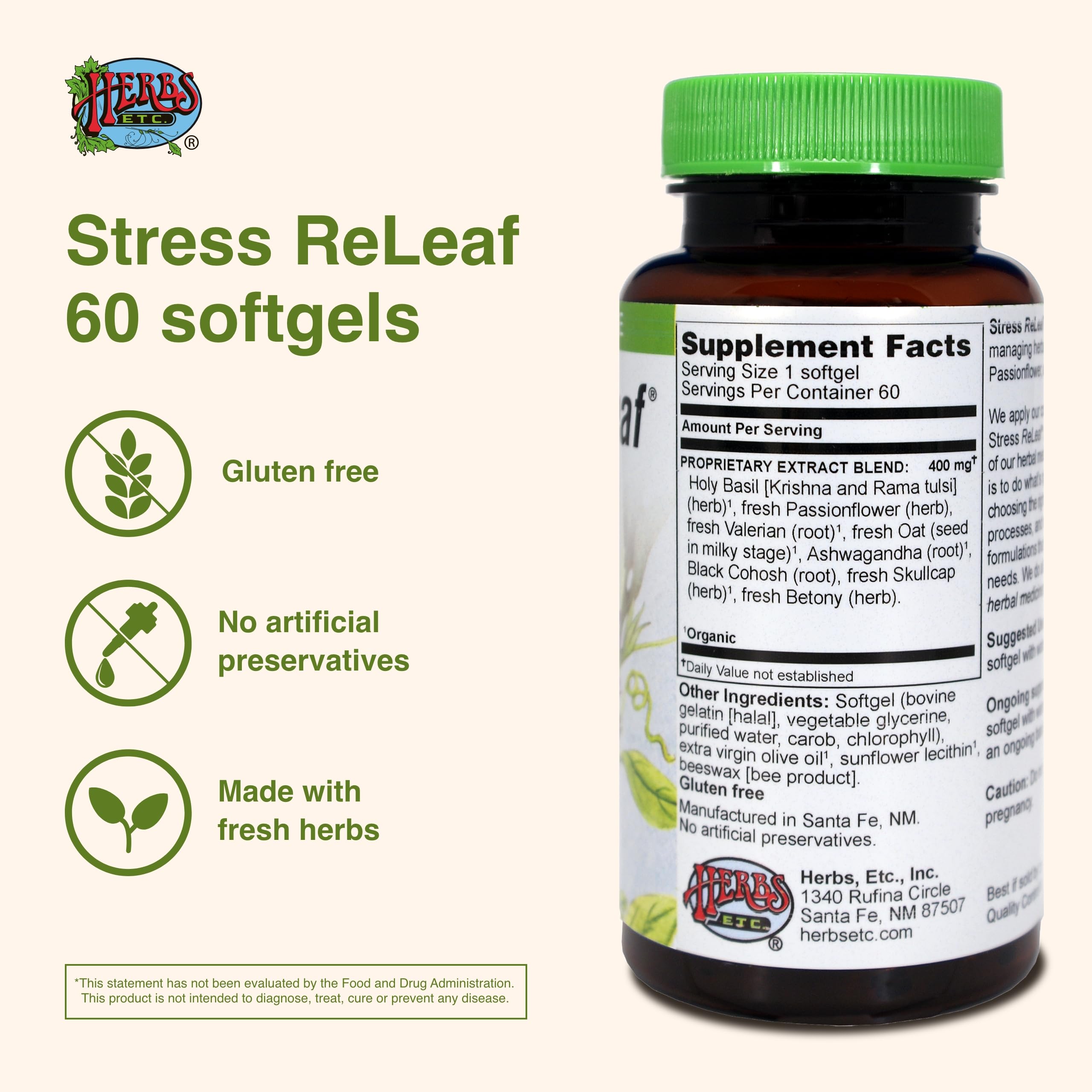 Etiqueta frontal de Stress ReLeaf para confianza del usuario.
