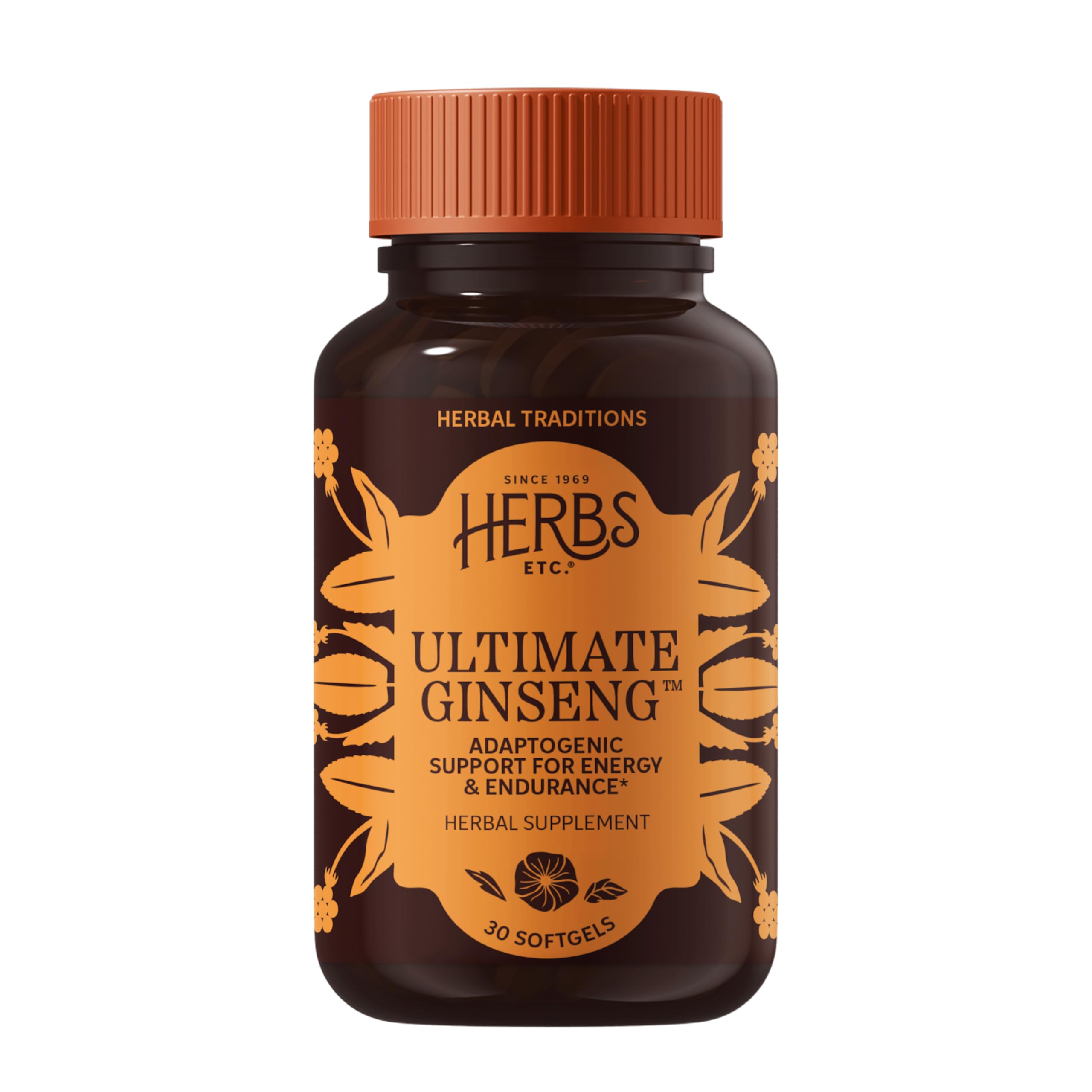 Herbs Etc. Ultimate Ginseng cápsulas blandas junto a la caja, apoyo a la energía diaria.