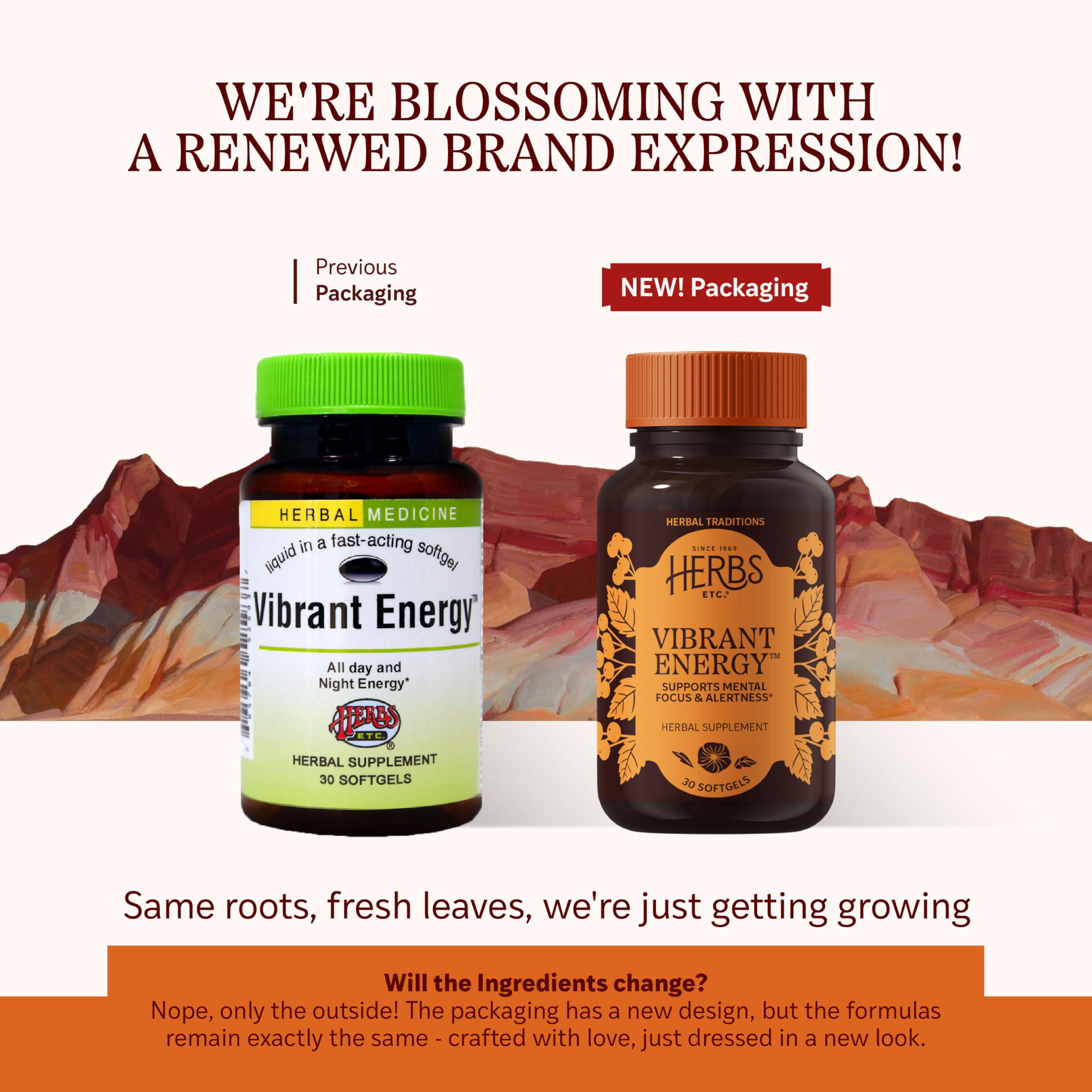 Herbs Etc. Vibrant Energy Softgels: etiqueta que resalta la fórmula para energía diaria.