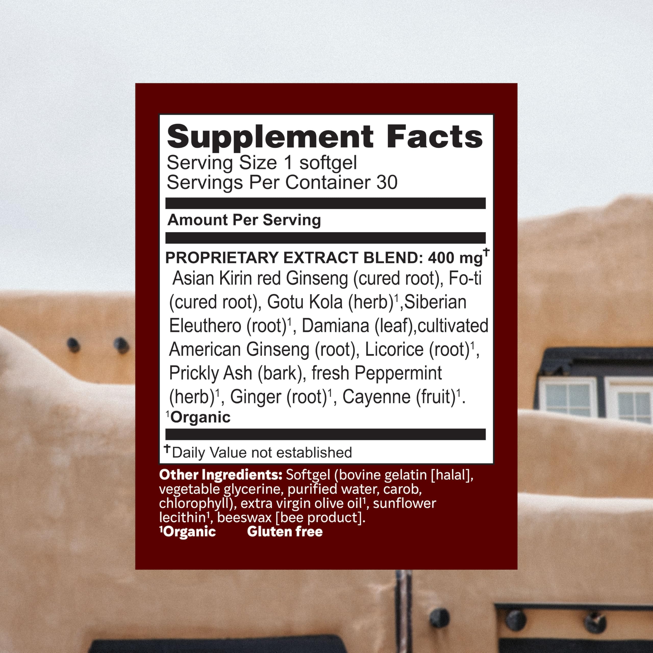 Herbs Etc. Vibrant Energy Softgels: uso recomendado con agua para un impulso natural.