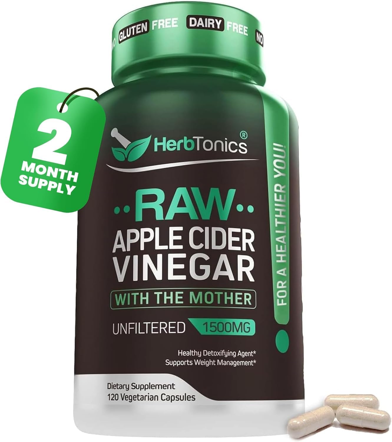Herbtonics cápsulas de vinagre sidra crudo, enfoque detox suave para el día