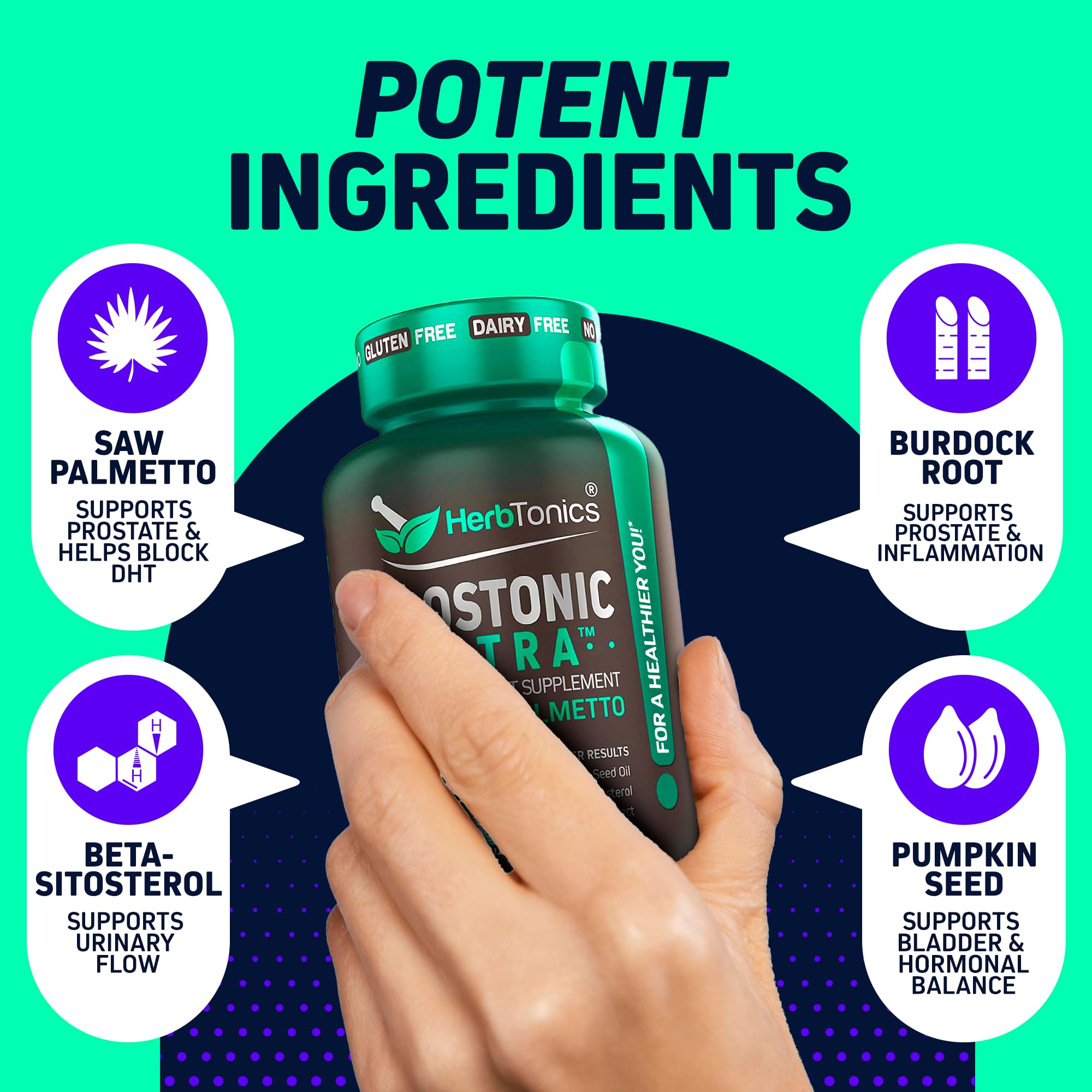 Herbtonics: etiqueta frontal destaca palma enana, beta-sitosterol y semilla de calabaza.