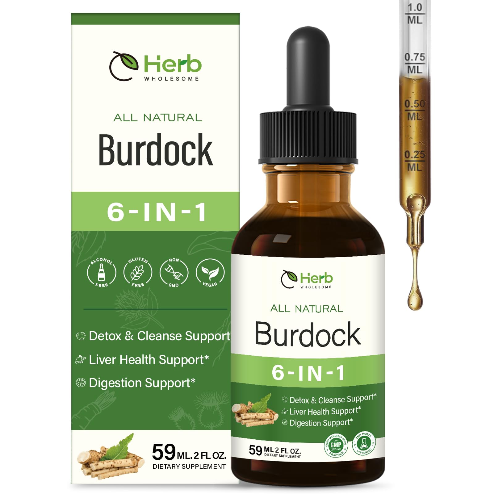 HerbWHOLESOME Burdock Root Extract en botella con gotero para apoyo al bienestar hepático.