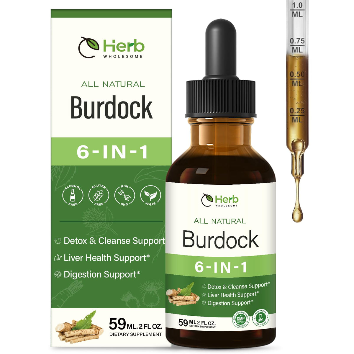 HerbWHOLESOME Burdock Root Extract en botella con gotero para apoyo al bienestar hepático.