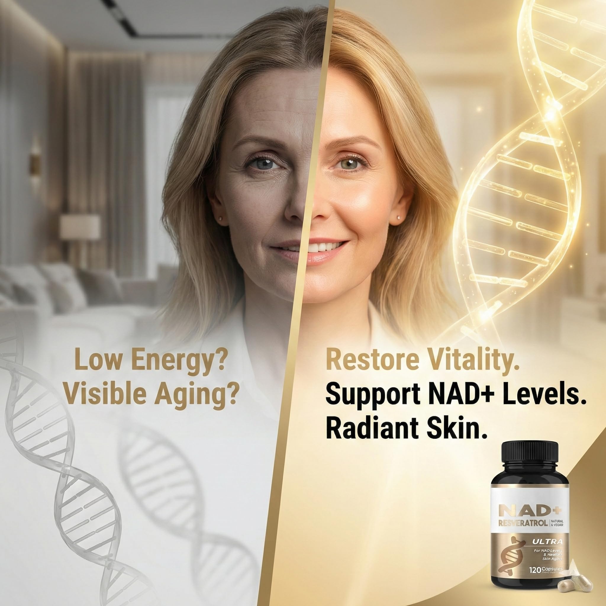 Envase de 120 cápsulas HerbX NADH-Resveratrol para uso diario.
