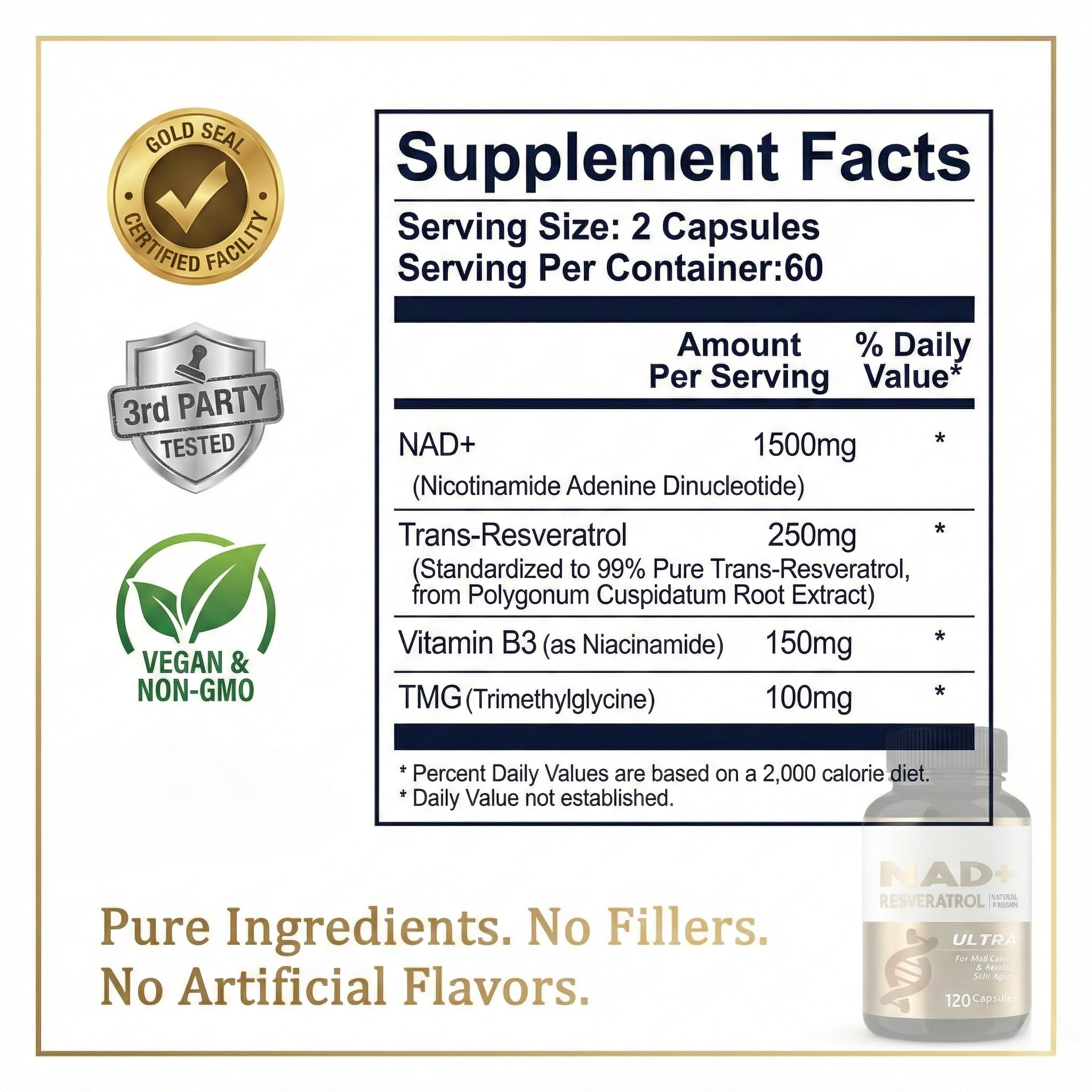 Etiqueta clara de HerbX NADH-Resveratrol destacando calidad premium.