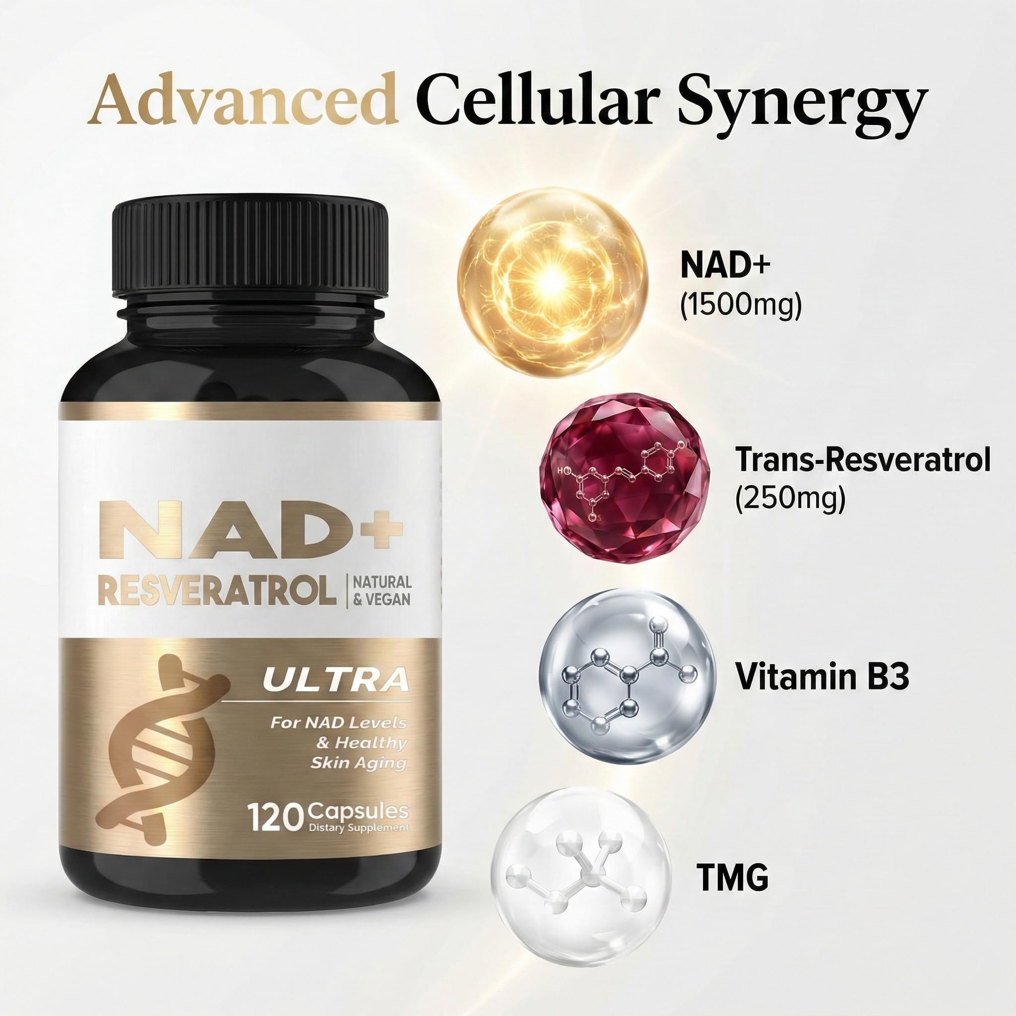 Mano sosteniendo envase HerbX NADH-Resveratrol para vitalidad sostenida.