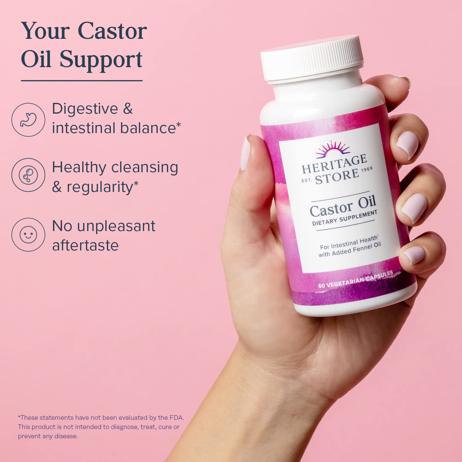 Heritage Store cápsulas diarias, ingesta fácil para balance intestinal.
