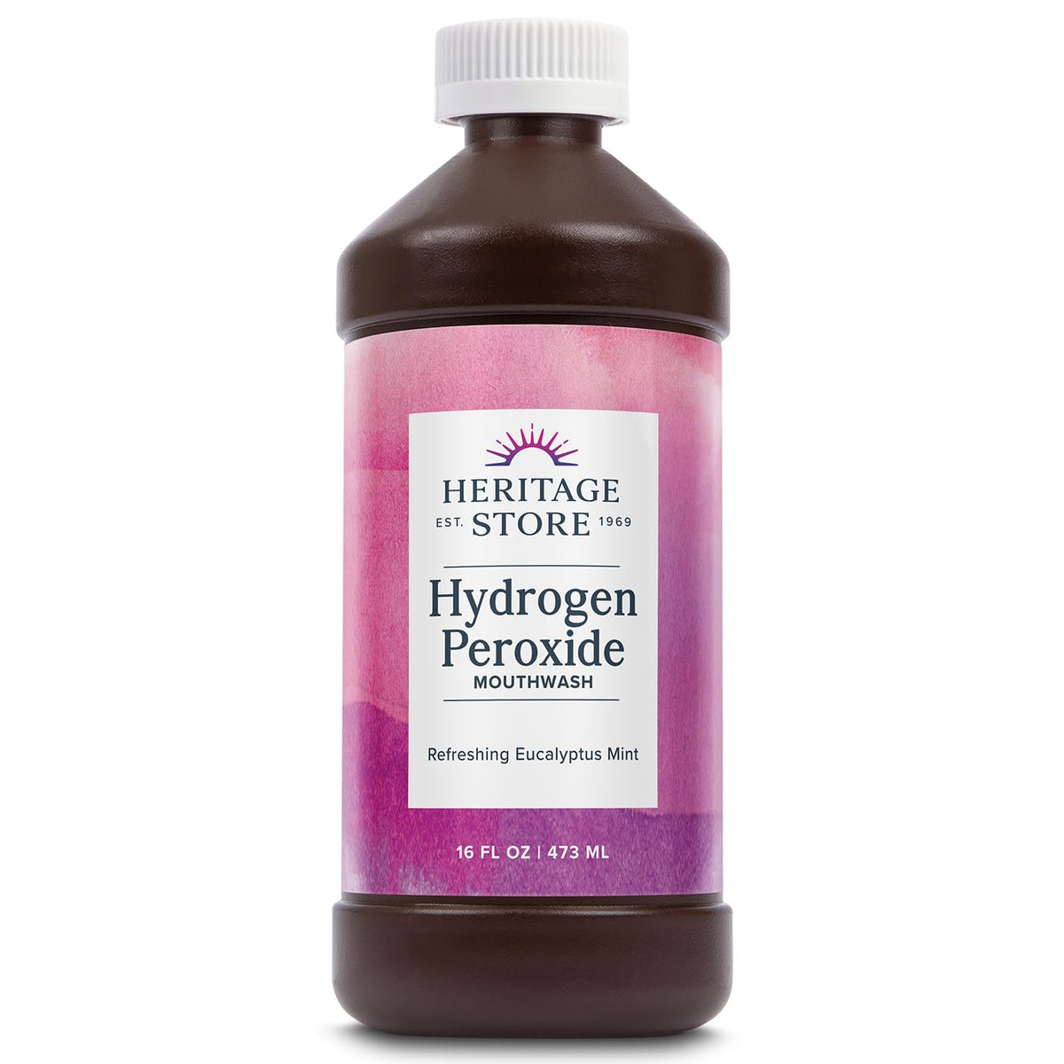 HERITAGE STORE enjuague bucal botella mostrando la fórmula suave para cuidado diario