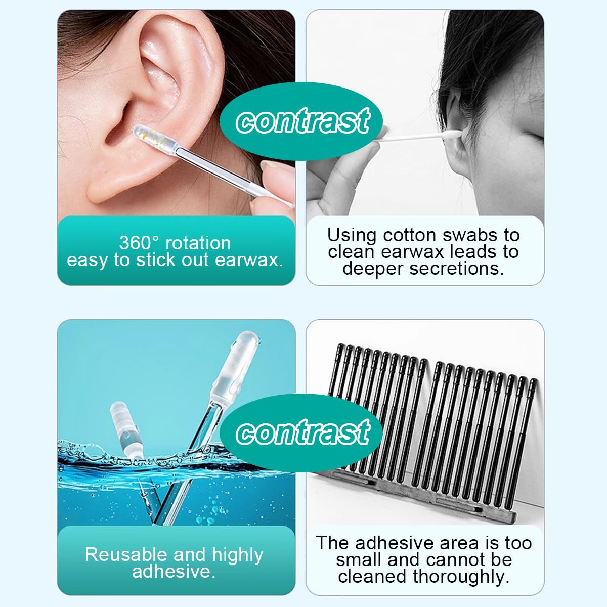 Herramienta adhesiva para cerumen, reutilizable tras lavado.