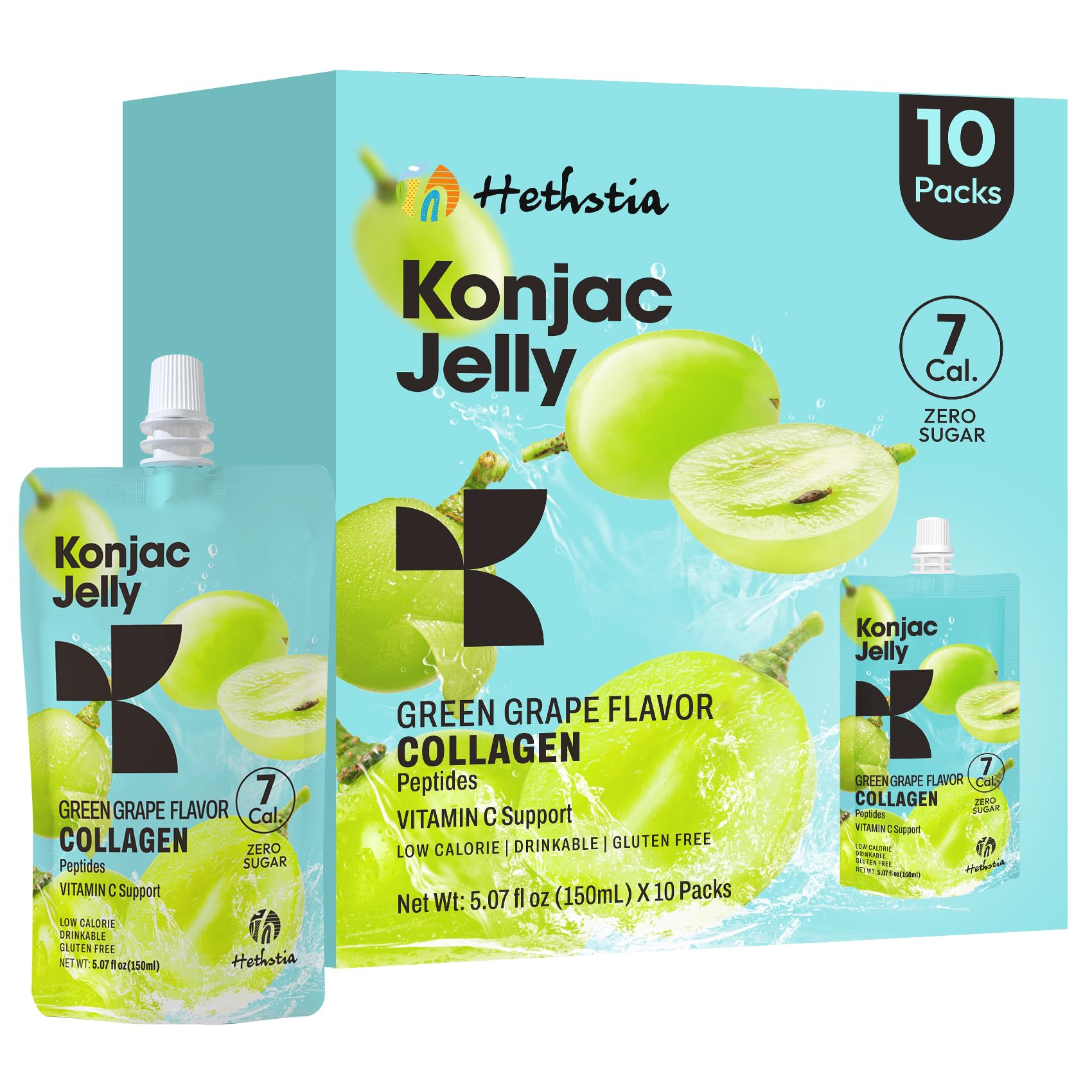 Hethstia Konjac Jelly sabor uva verde en envase para llevar.