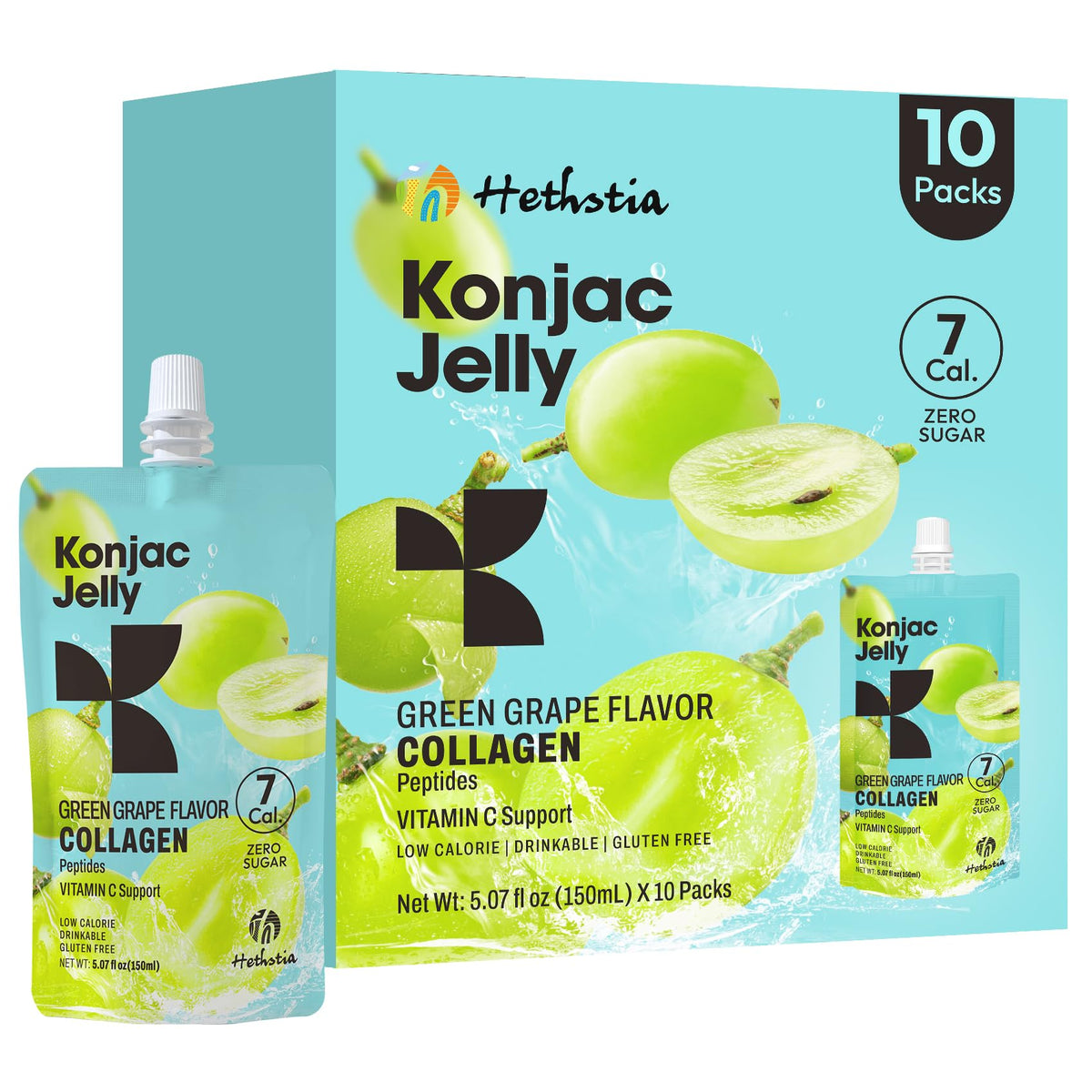 Hethstia Konjac Jelly sabor uva verde en envase para llevar.
