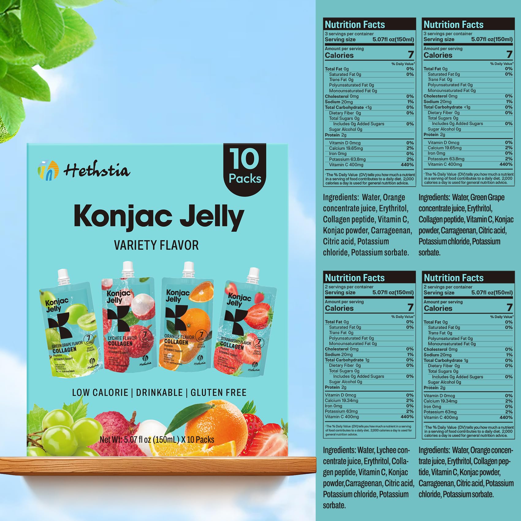 Hethstia Konjac Jelly sabor fresa y naranja en bolsa, experiencia refrescante