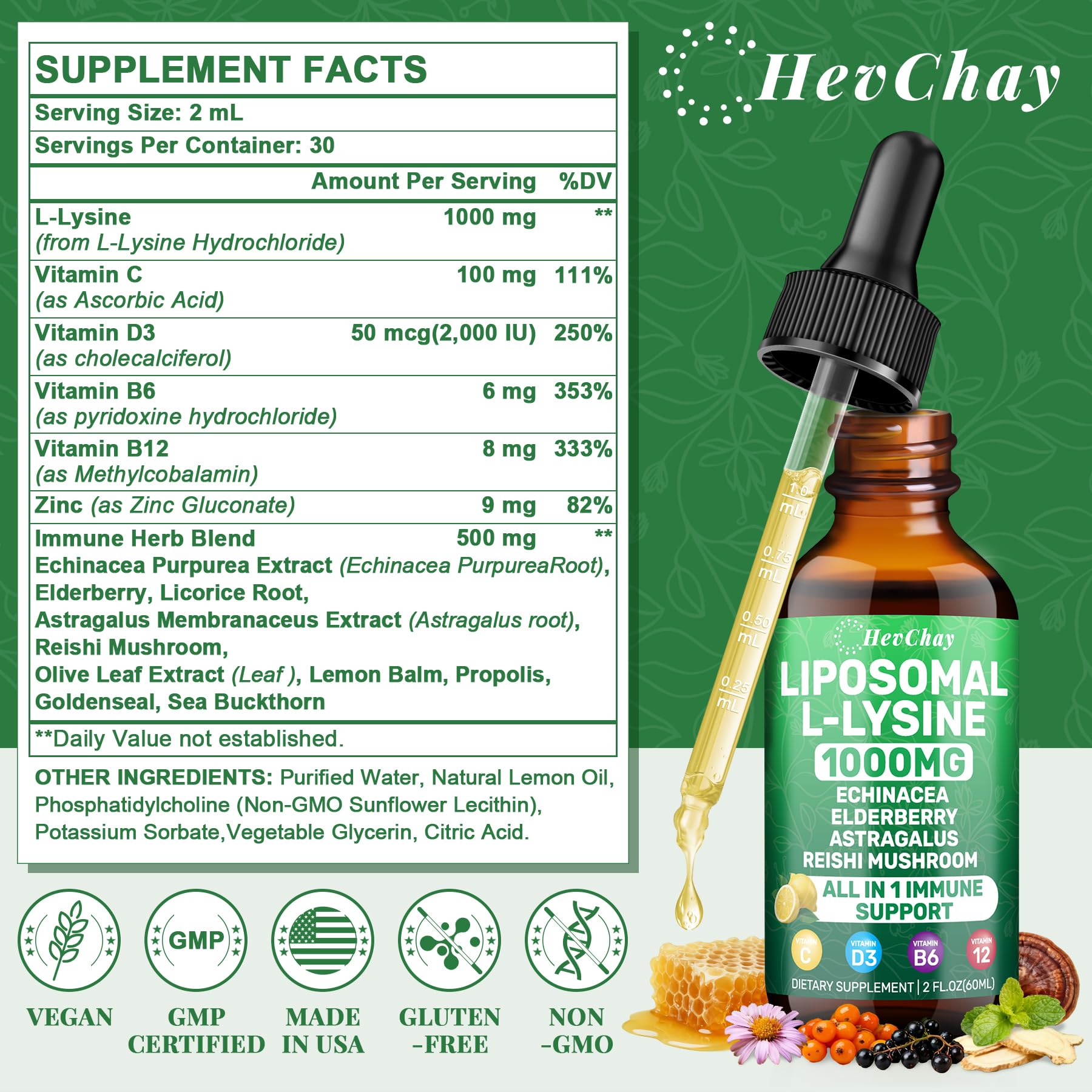 Gota dosificadora de Lisina liposomal HevChay para tomas rápidas.