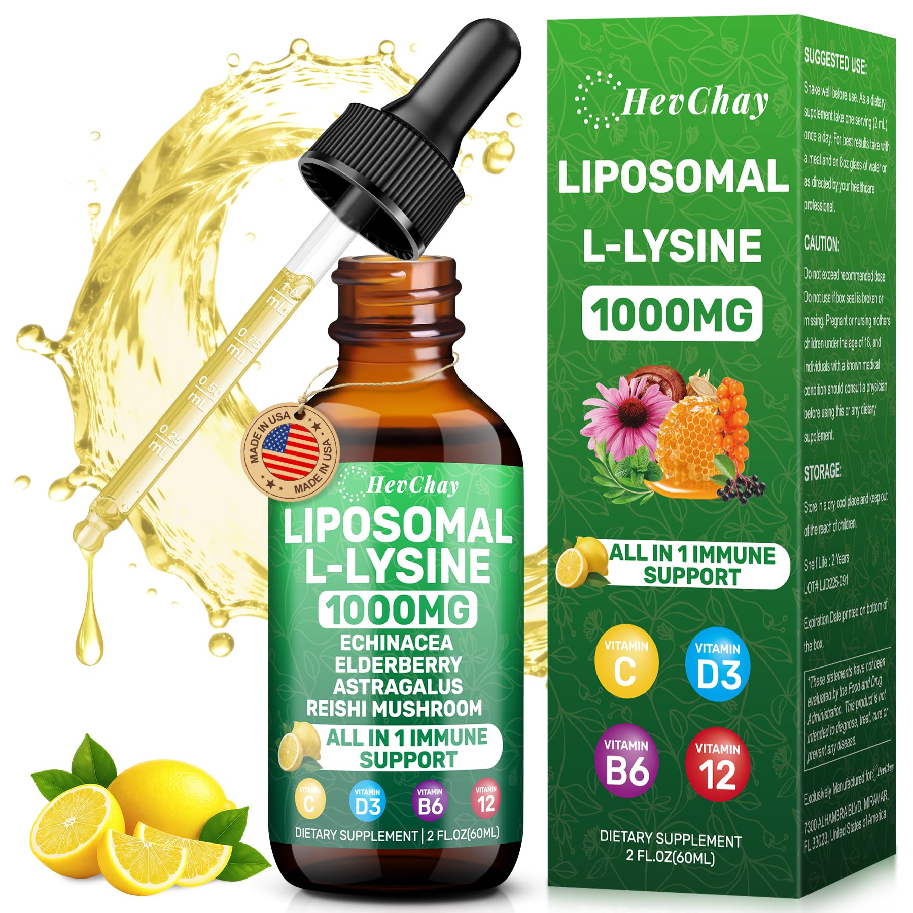 HevChay lisina liposomal 1000mg en botella, ideal para uso diario y familiar.