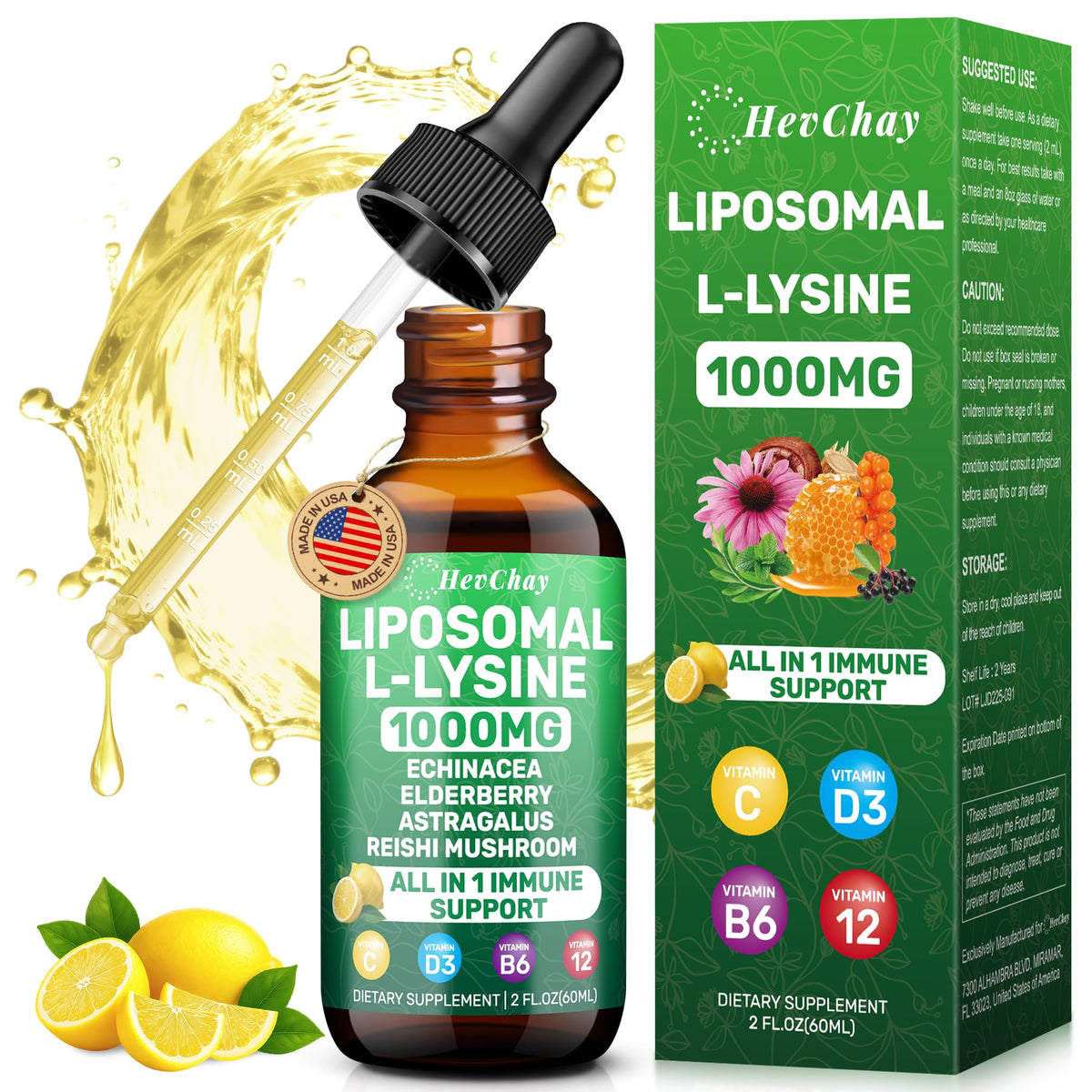 HevChay lisina liposomal 1000mg en botella, ideal para uso diario y familiar.