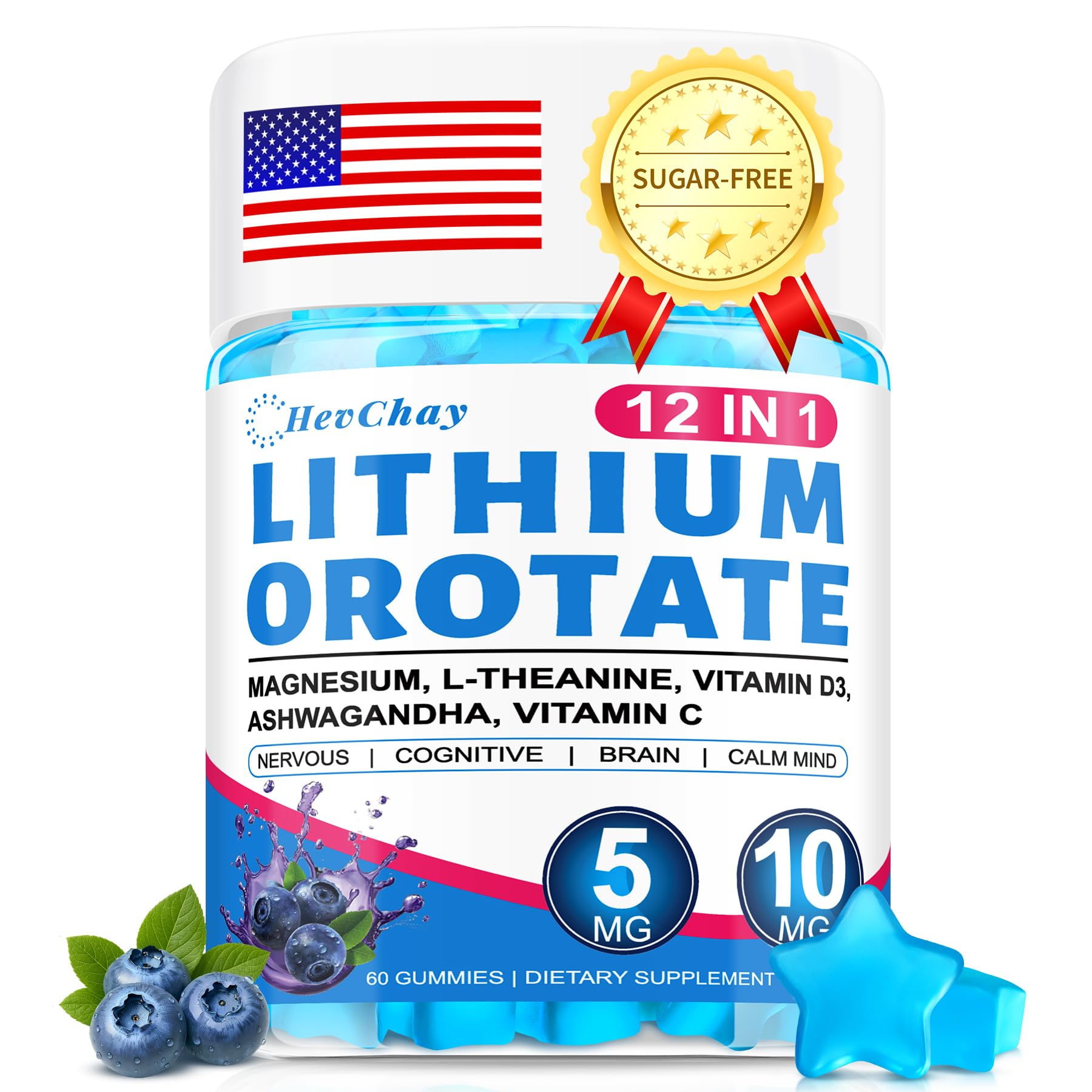 HevChay litio orotato 5mg para equilibrio emocional diario, botella en primer plano.