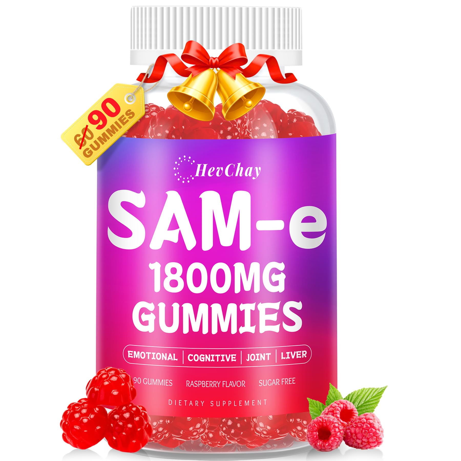 Envase de HevChay SAM-e 1800 mg con gomitas veganas para uso diario