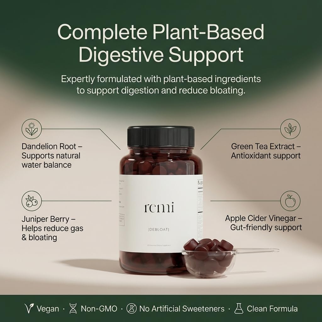 heyremi Debloat Gummies: ingredientes clave visibles para apoyar la digestión suave.