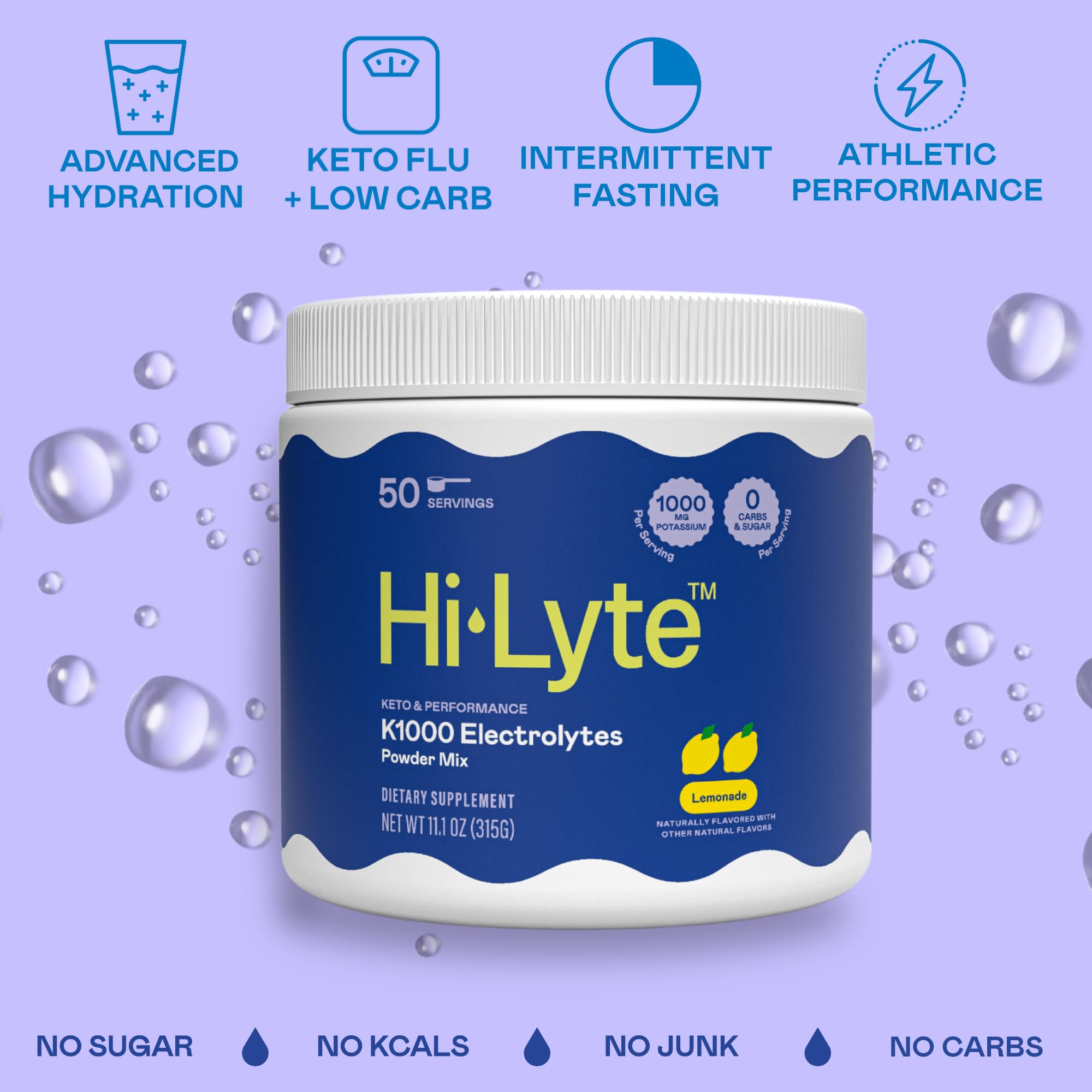 Hi-Lyte K1000 mezcla en agua, sabor limón, sin azúcar ni maltodextrina.