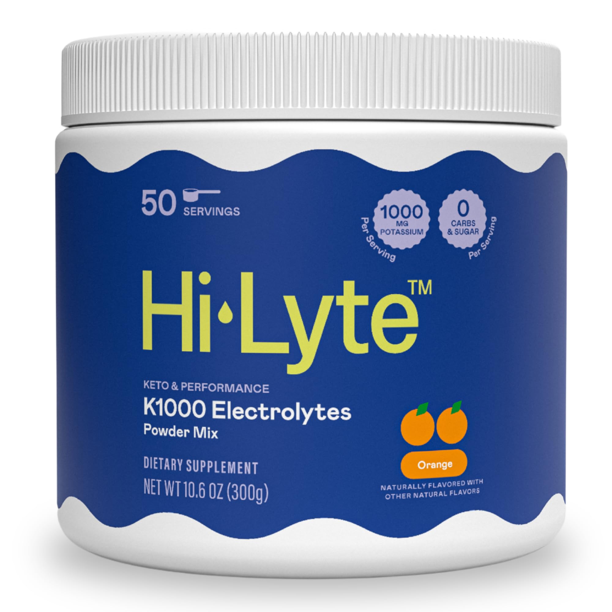 Hi-Lyte K1000, polvo de electrolitos naranja, ayuda a la hidratación durante entrenamientos.