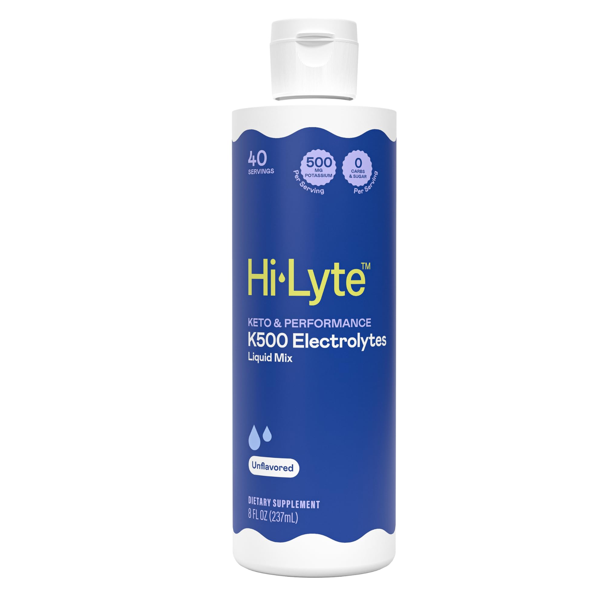 Hi-Lyte K500 concentrado sin sabor se vierte en un vaso para hidratación rápida.
