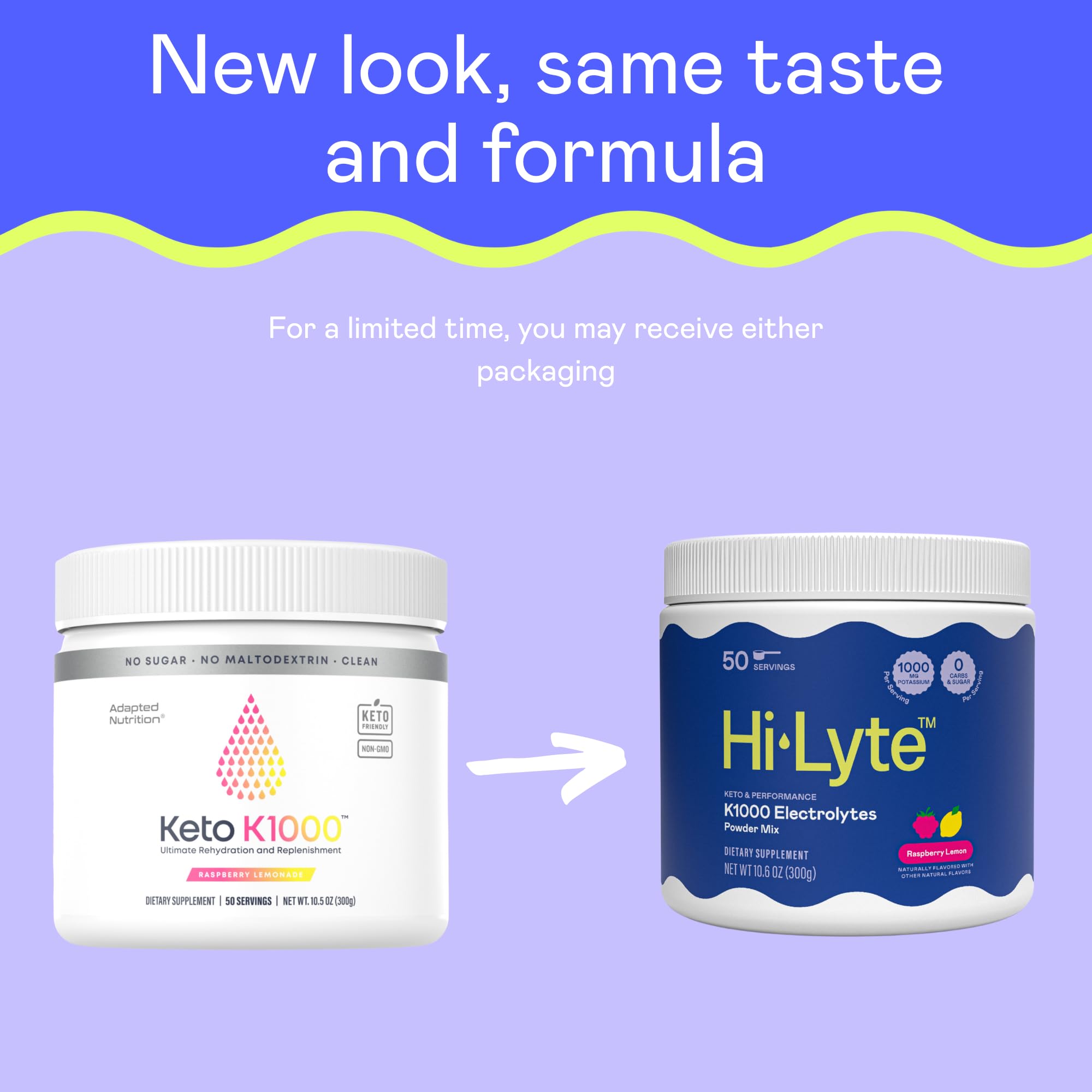 Hi-Lyte Keto K1000 polvo de electrolitos, mezcla en agua para recuperación rápida.