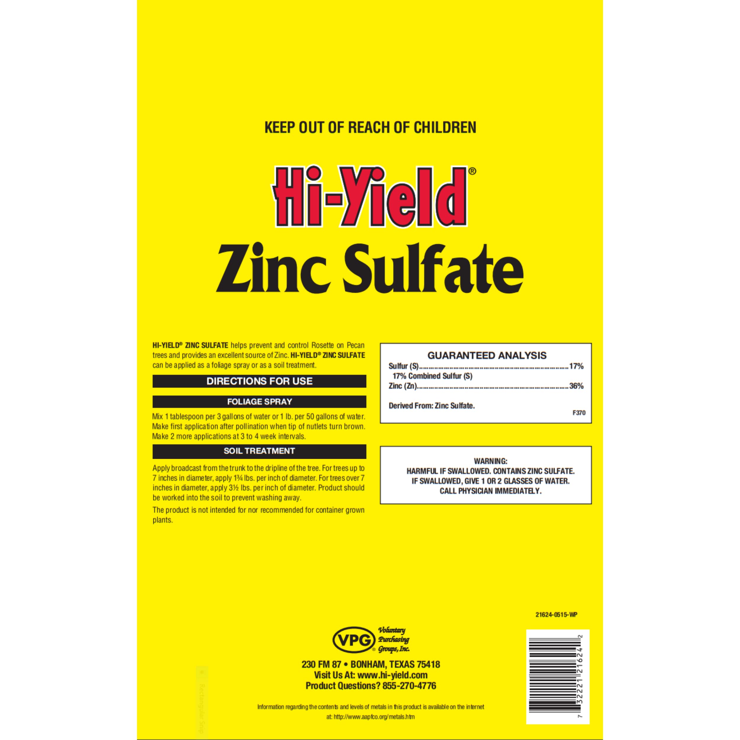 Hi-Yield sulfato de zinc, aplicación para nogales, ayuda a prevenir deformidades y mejora la fruta.