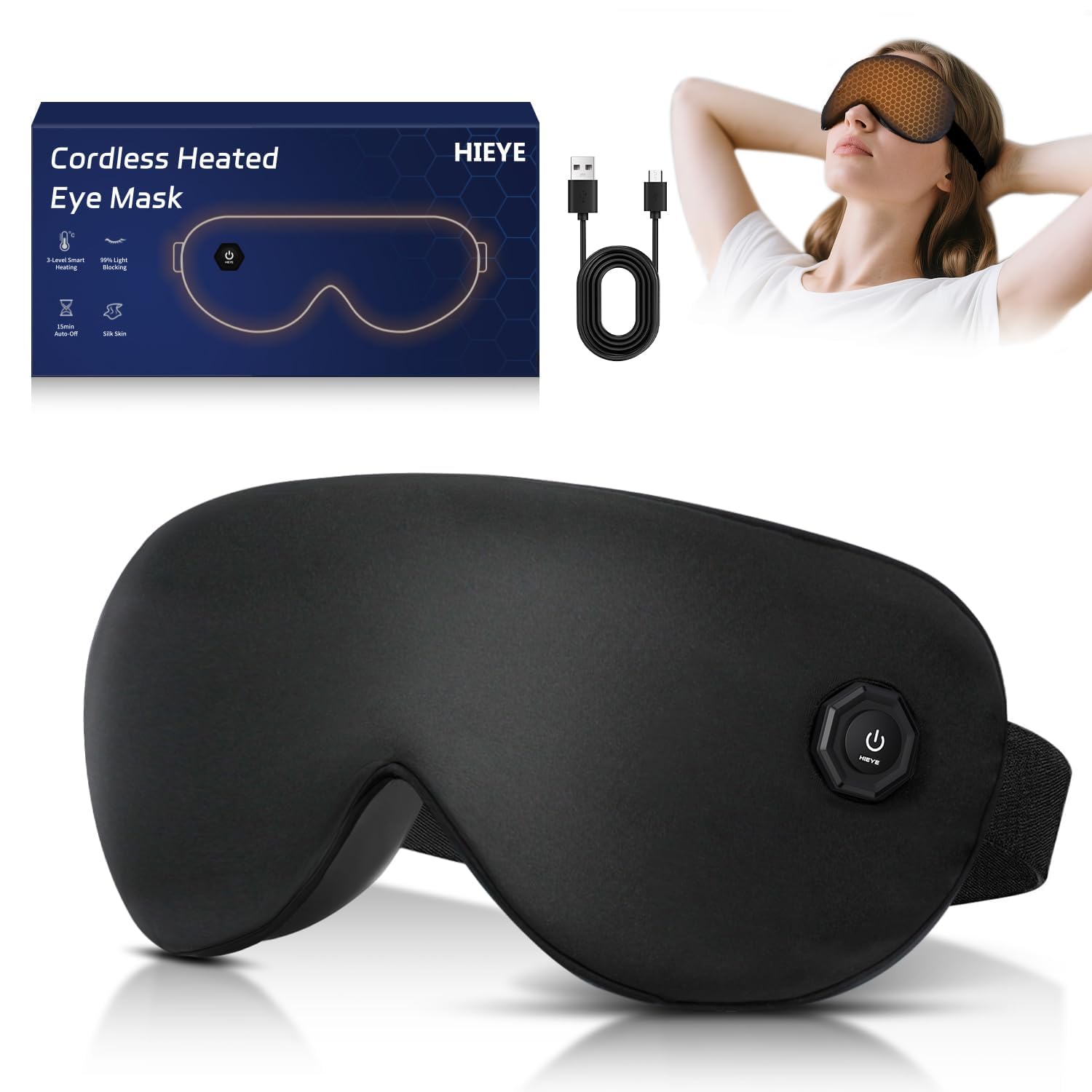 HIEYE máscara ocular calefactable sin cables para alivio rápido de ojos cansados.