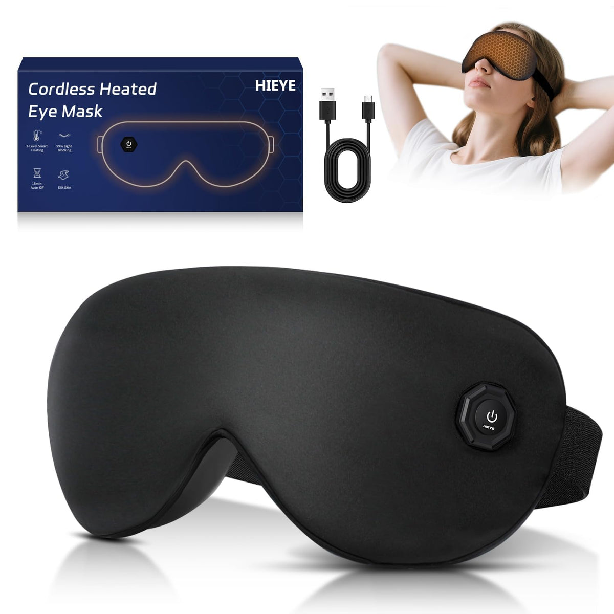 HIEYE máscara ocular calefactable sin cables para alivio rápido de ojos cansados.