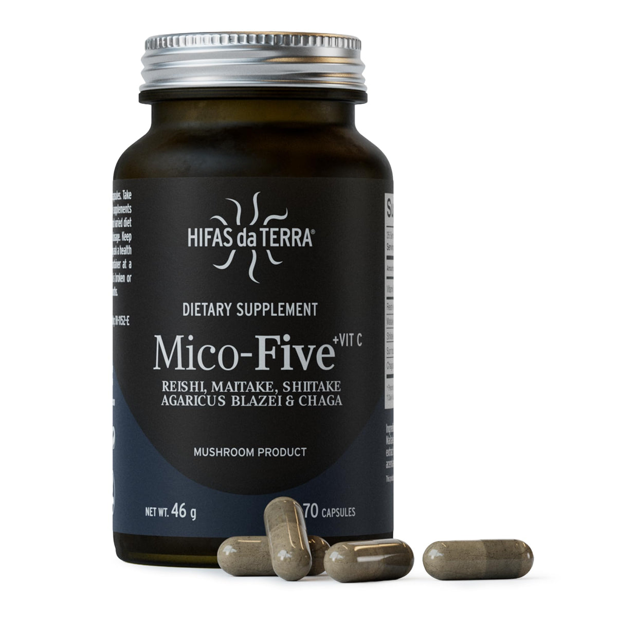 Hifas da Terra Mico-Five en botella, ideal para apoyo diario al bienestar.