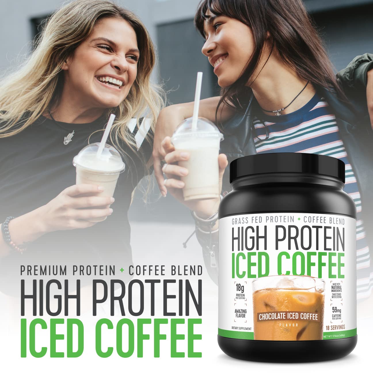 High Protein Coffee empaque frontal, muestra la conveniencia de 18 porciones.