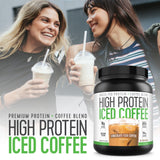High Protein Coffee empaque frontal, muestra la conveniencia de 18 porciones.