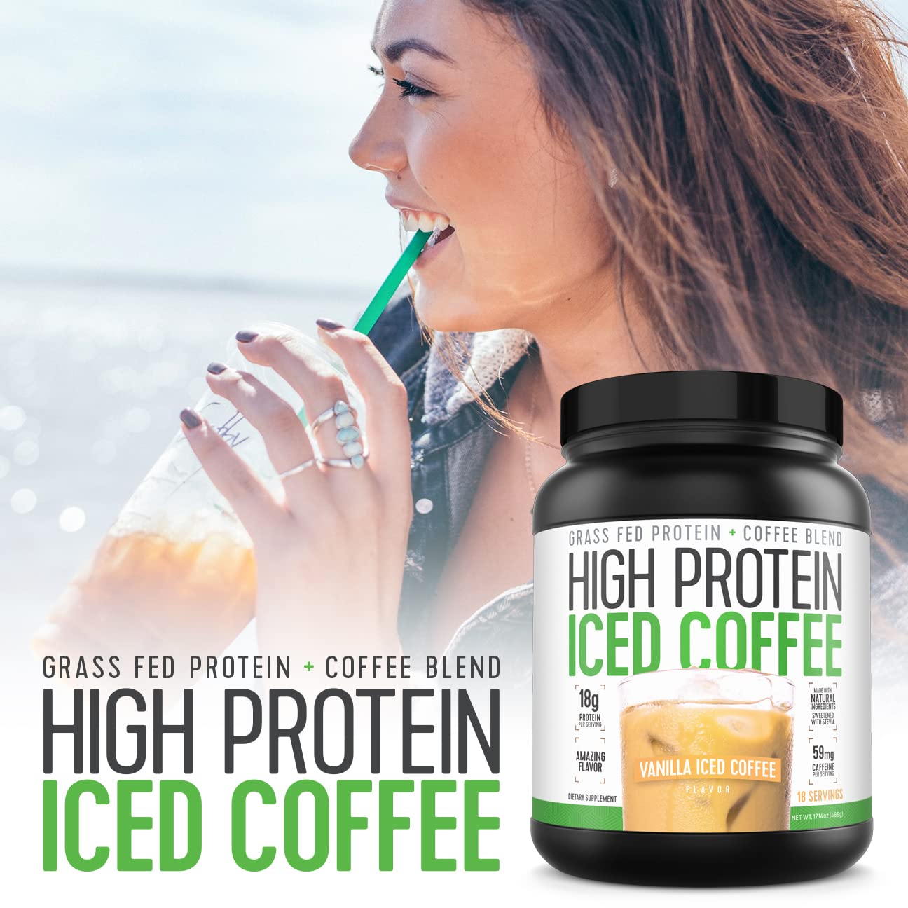 High Protein Iced Coffee listo para tomar, opción rápida para cualquier momento del día.