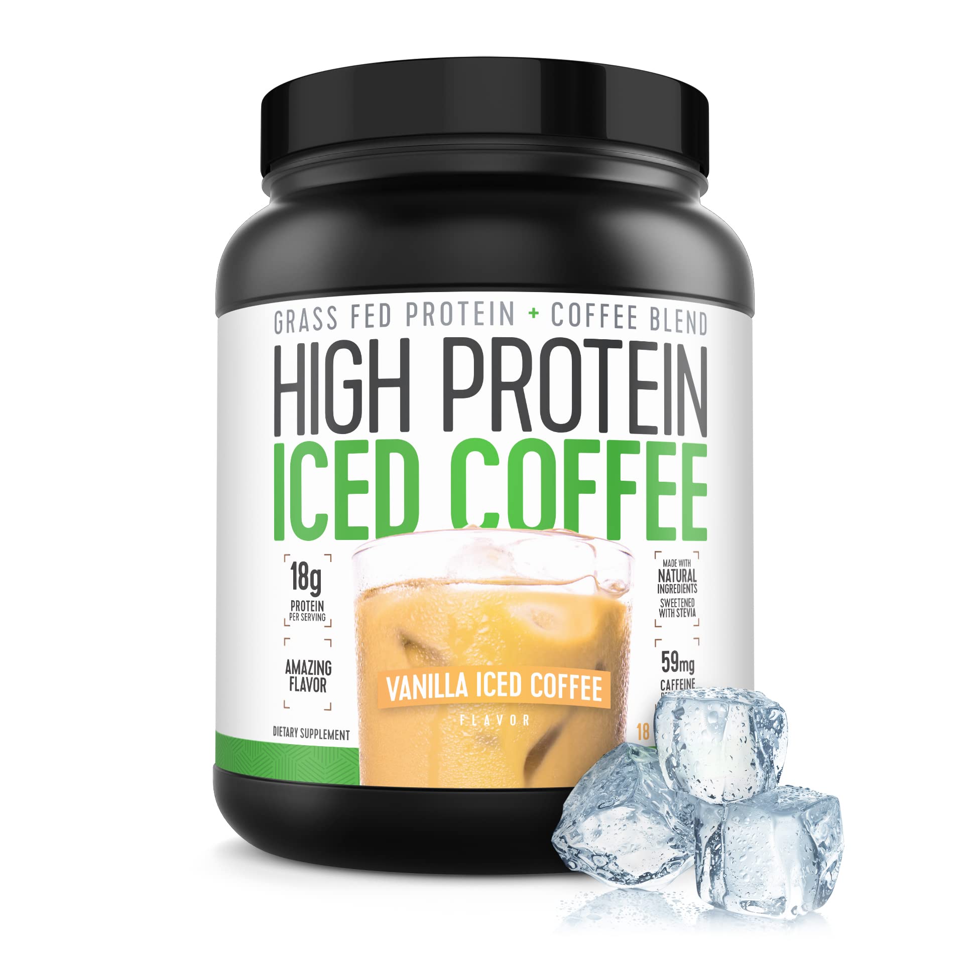 High Protein Iced Coffee en botella, lista para beber con vainilla latte y proteína para la jornada.