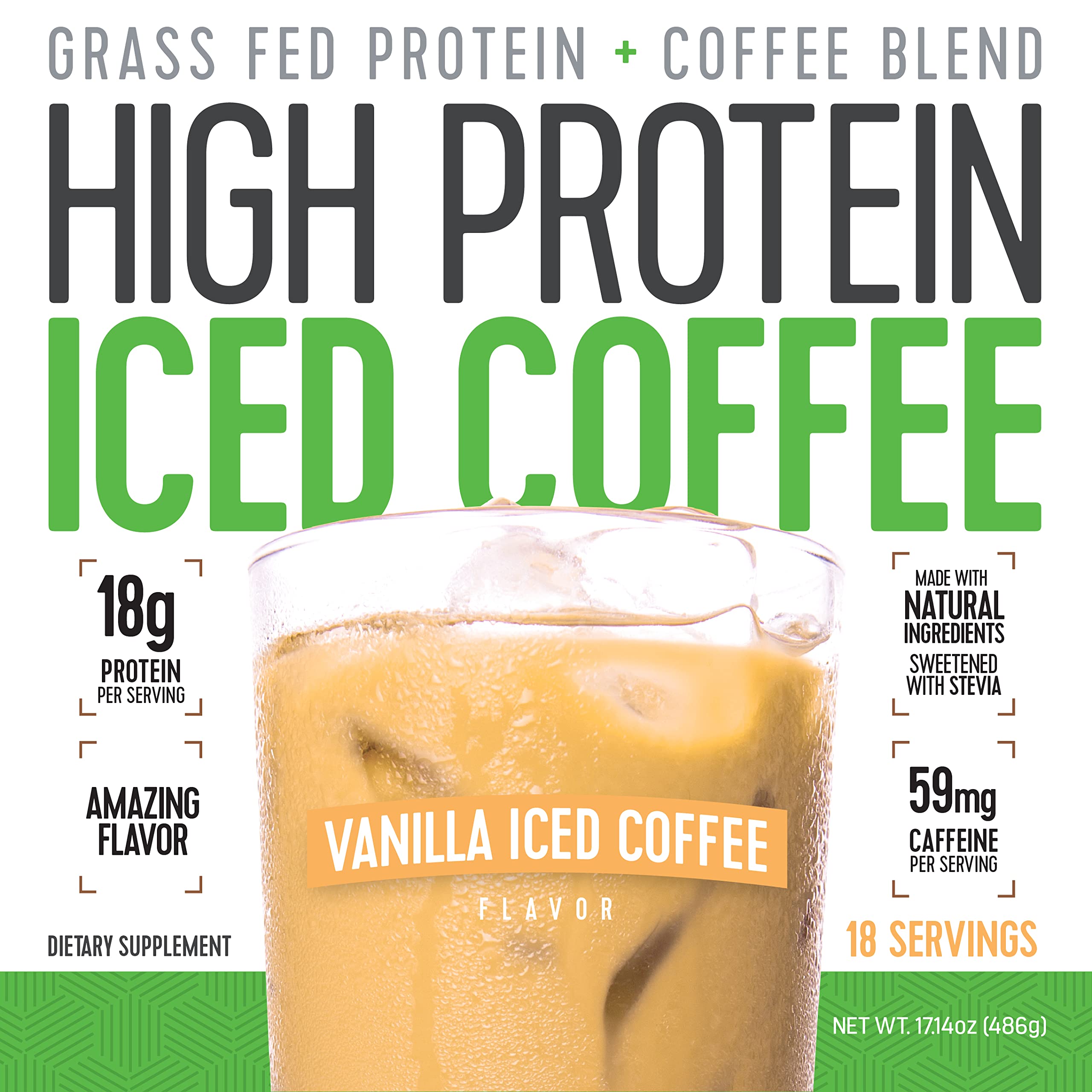 High Protein Iced Coffee con granos de café visibles, sabor vainilla latte para despertar.