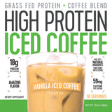 High Protein Iced Coffee con granos de café visibles, sabor vainilla latte para despertar.