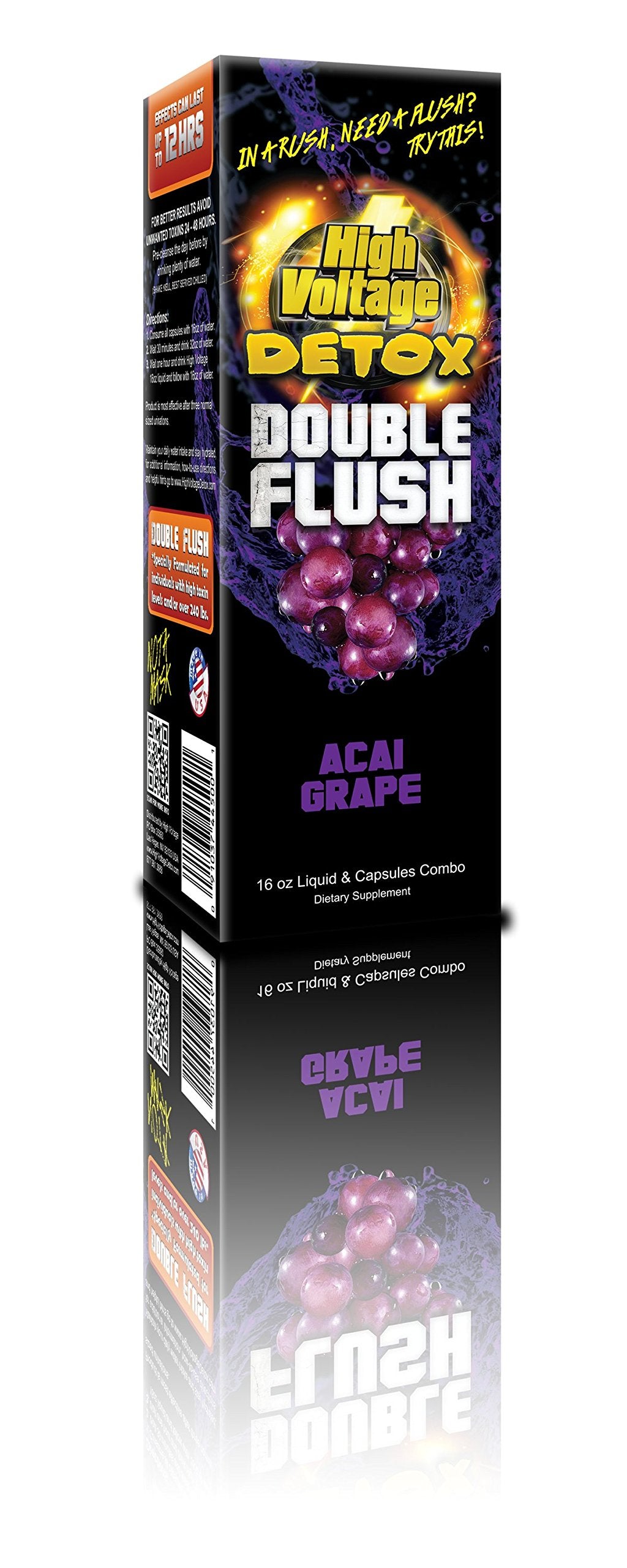 High Voltage Detox, cápsulas de doble flush acai-grape, diseño práctico para uso diario y conveniente.