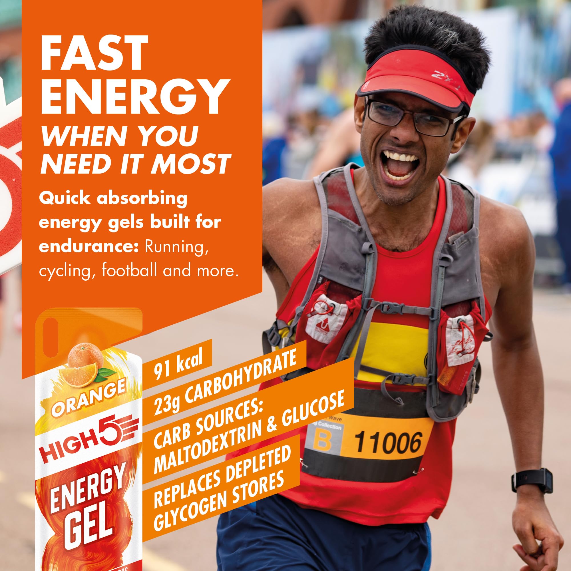 HIGH5 gel energético naranja jugosa abre fácil para uso rápido.