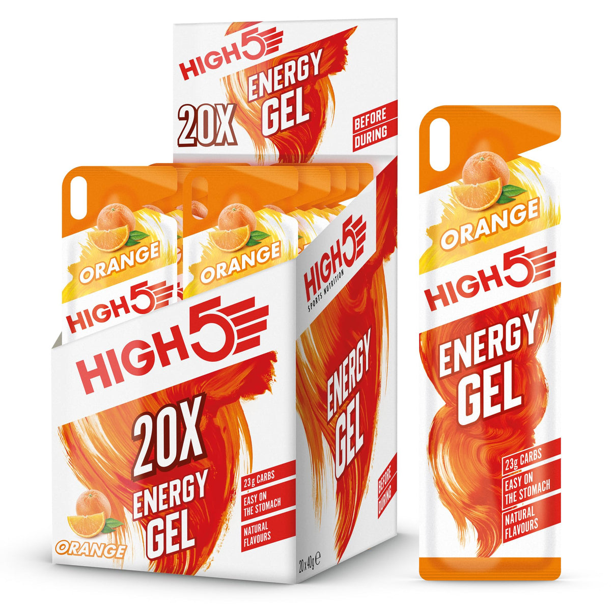 HIGH5 gel energético naranja jugosa envase, sabor natural para entrenamiento.