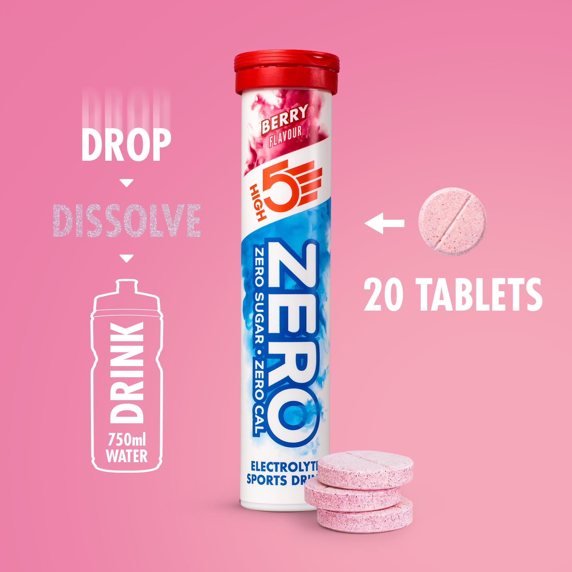 Bebida de electrolitos sin azúcar HIGH5 Zero-Berry para competición y cardio.