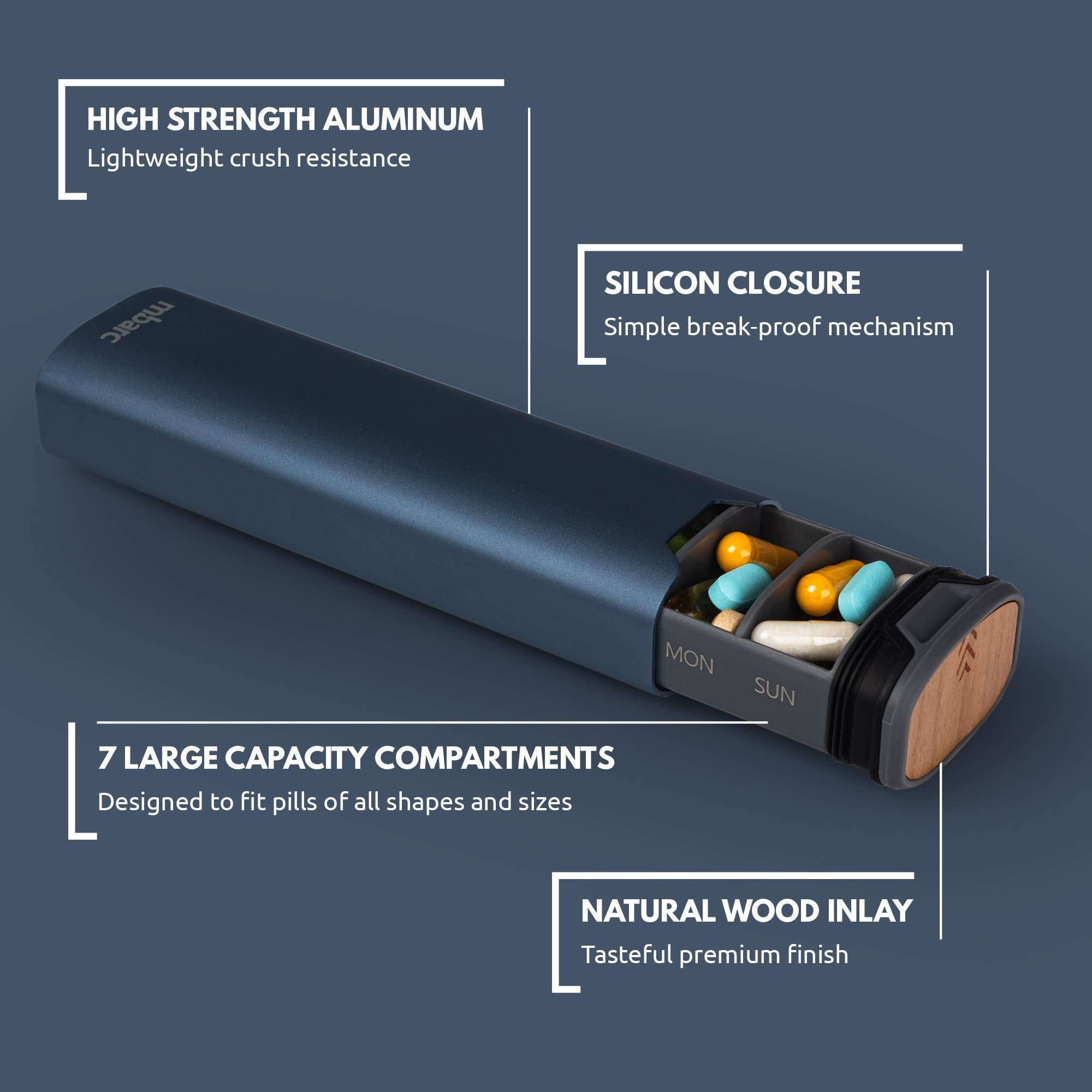 HigherHuman mbarc capacidad de 7 dias, permite almacenar pastillas pequeñas y grandes con facilidad.