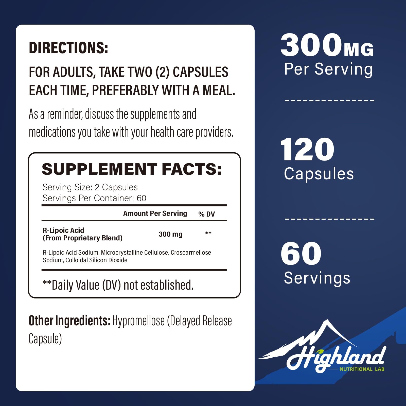 Highland Nutritional Lab etiqueta acido r-lipoico con enfoque antioxidante