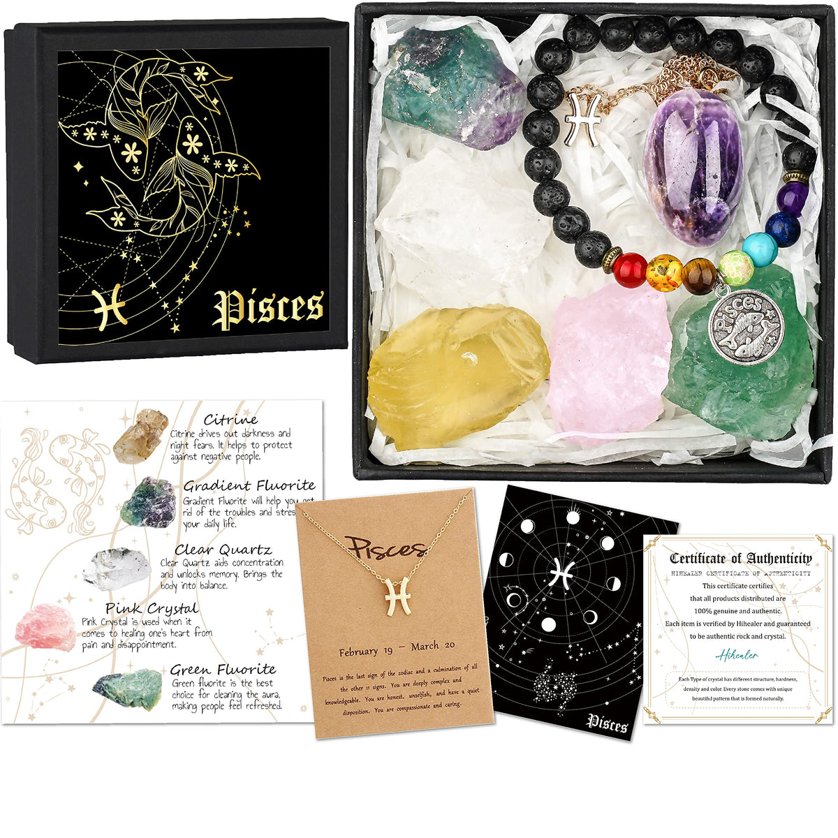 Hihealer Regalo Zodiaco Piscis: cristales crudos para equilibrio emocional