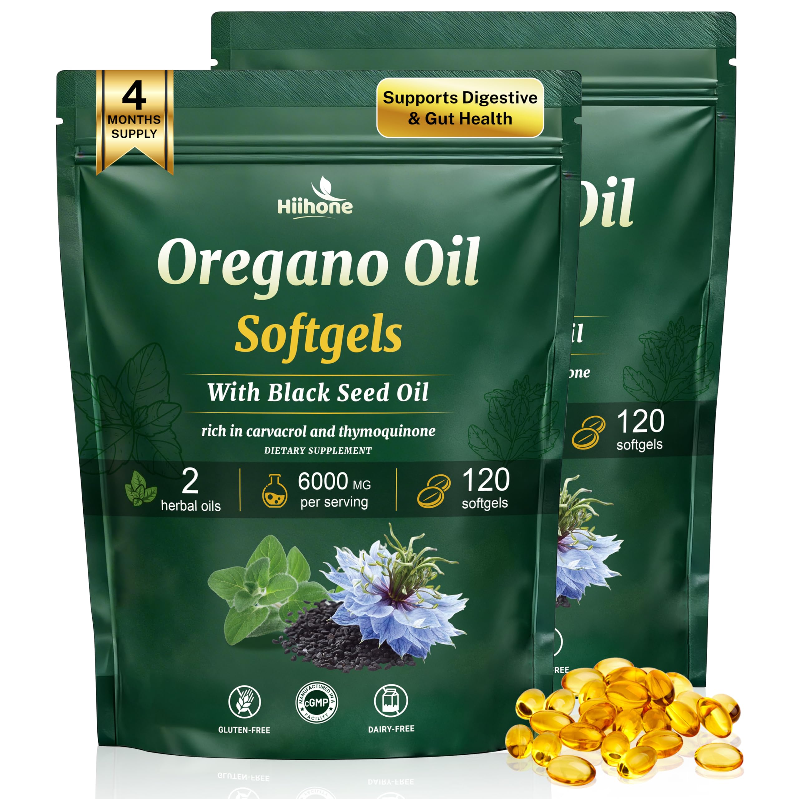 HIIHONE Aceite de Orégano Softgels: cápsulas fáciles de tragar para uso diario