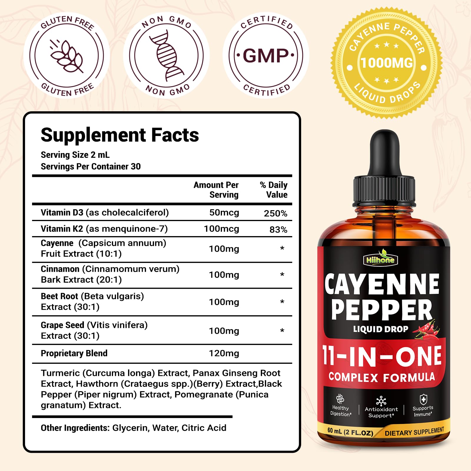 HIIHONE ingredientes pimienta cayena: extractos vegetales clave para la dieta.