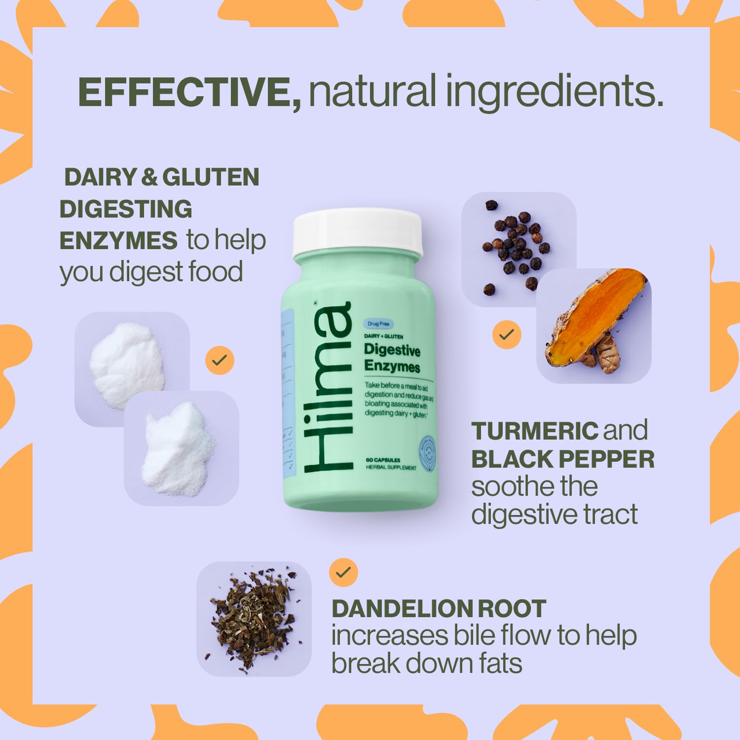 Hilma mezcla herbal con cúrcuma y diente de león para apoyar la digestión.