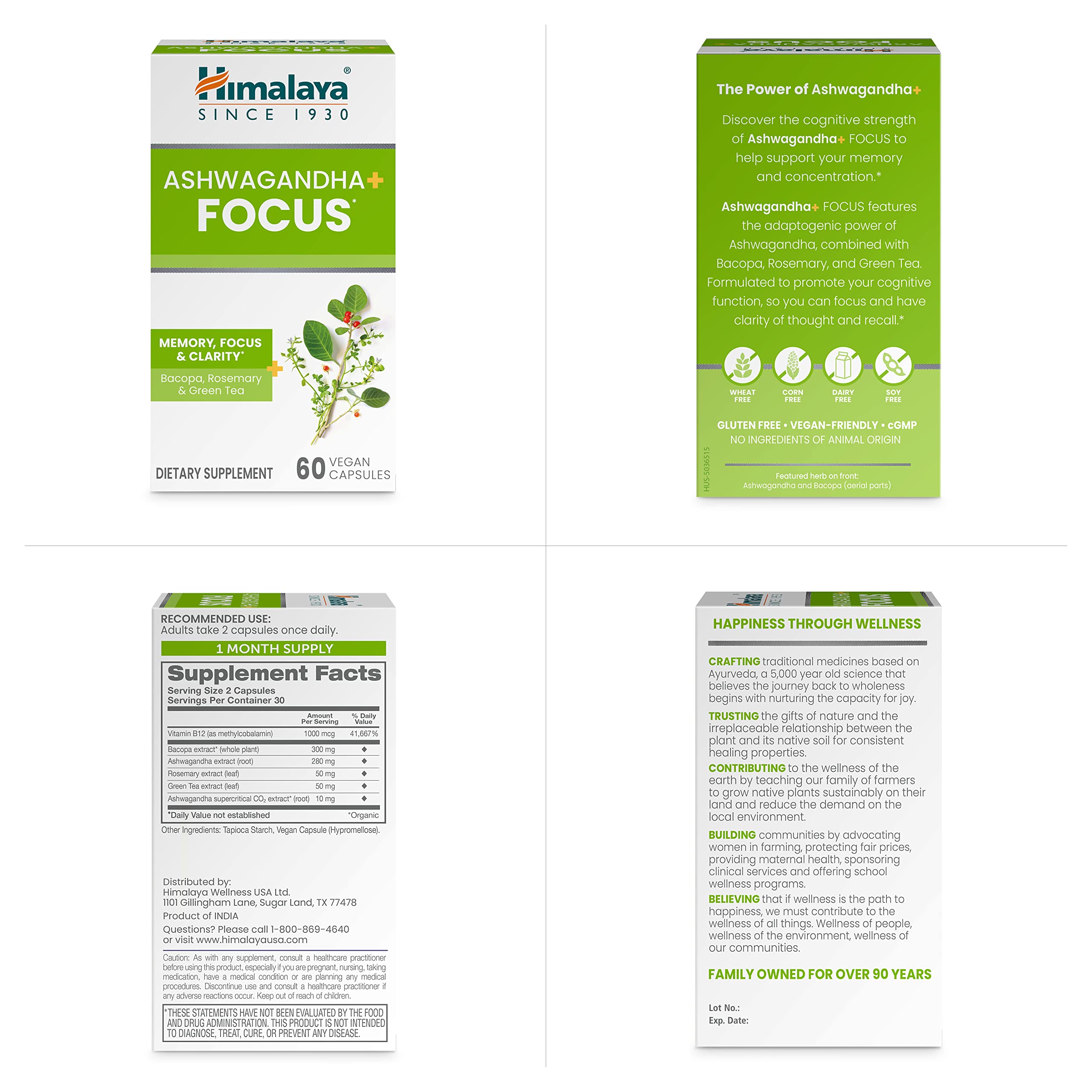 Caja informativa de Himalaya Ashwagandha+ Enfoque para consumidores conscientes