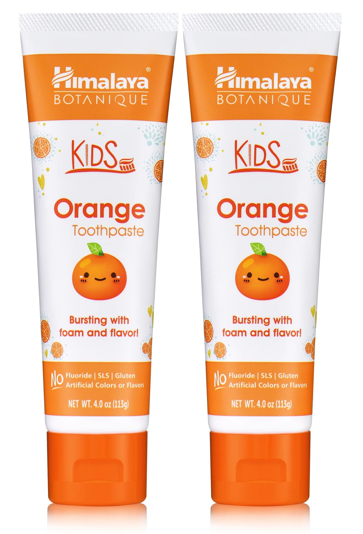 Pasta Himalaya Botanique Kids sabor naranja en tubo, cuidado suave para dientes de niños.